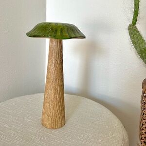 Wooden Mushroom Sculpture - Light Brown Wood/Glossy Green Top 12 H x 8 W